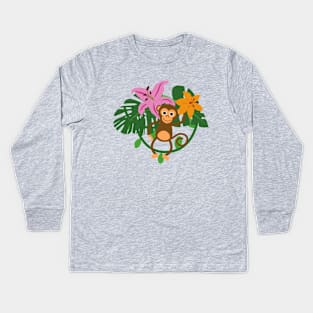Fun & Cute Monkey Jungle Design With Tropical Flowers & Leaves Kids Long Sleeve T-Shirt